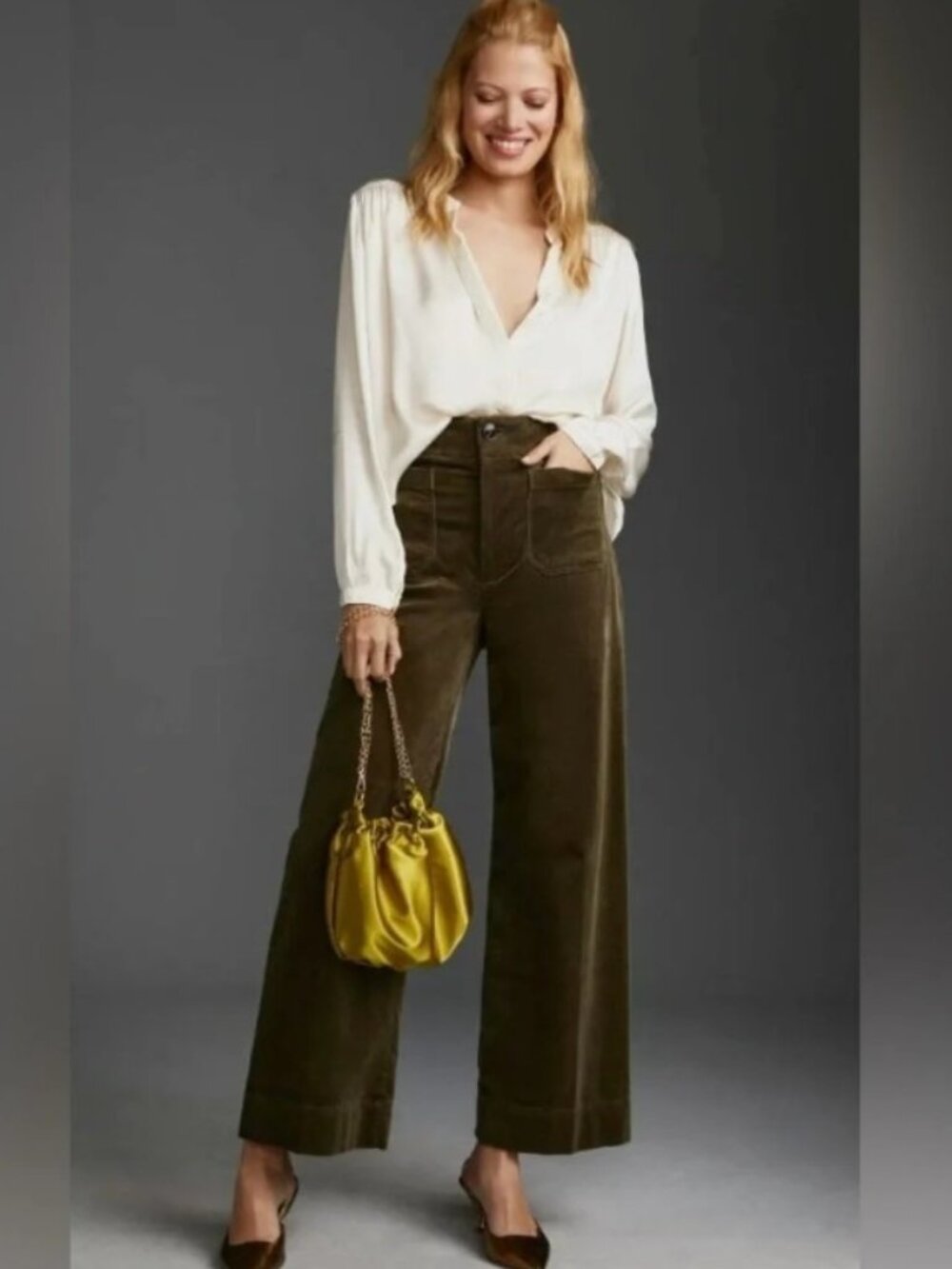 Maeve The Colette Green Corduroy Wide Leg Cropped Pants